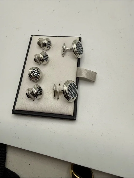 Mens 925 Sterling Silver Black Checkered Cufflink and Stud Set- David Donahue