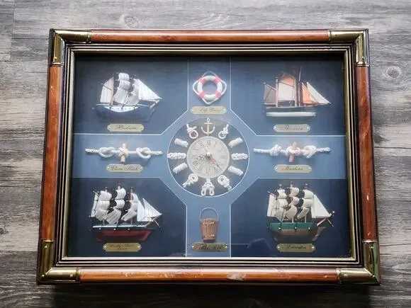 Vtg Decorative Wall Clock Nautical Knots Marine Ships Sailboat Glass Shadow Box