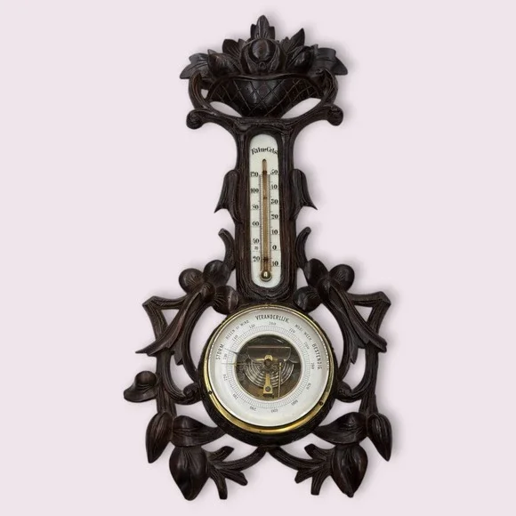 Antique Dutch Carved Wood Barometer Thermometer Weather Station‎ HF Mark Broken