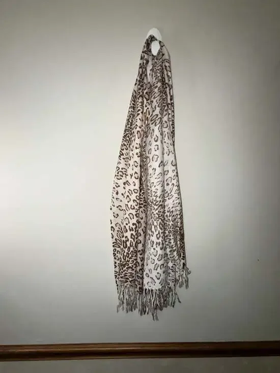 Classic Brown and Ivory Leopard Print Fringed Pashmina Shawl Scarf