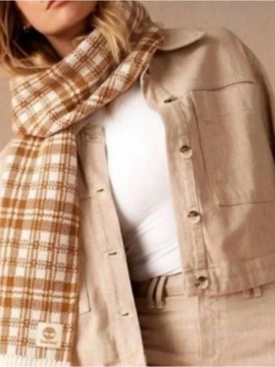 {EUC} Women's TIMBERLAND Brown and Cream Plaid Knit Scarf