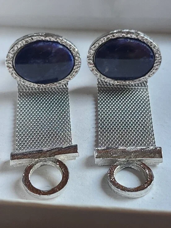 Vtg Dante Silver Tone Mesh Cufflinks with Dark Blue Oval Stones