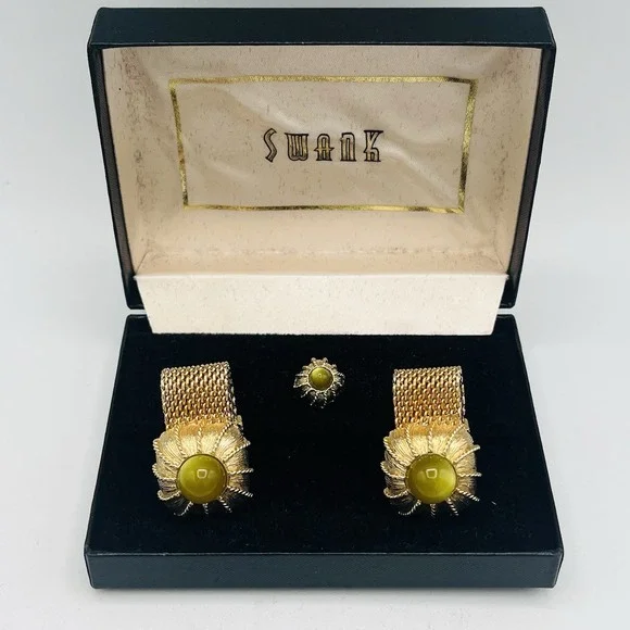 Vintage‎ 1950s Swank Green Moonglow Gold Cufflinks Tie Tack Set Mesh Wrap Around