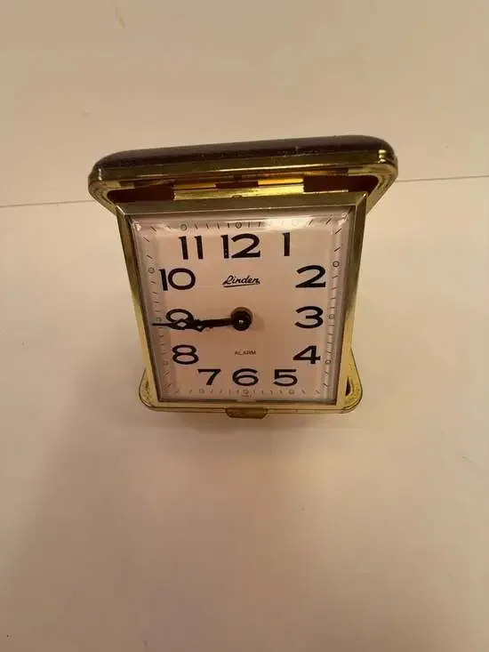 Vintage Linden Folding Travel Alarm Clock with Brown Case works