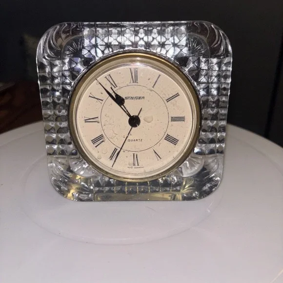 Vintage Staiger West Germany Quartz Lead Crystal Desk Clock Square Roman Numeral