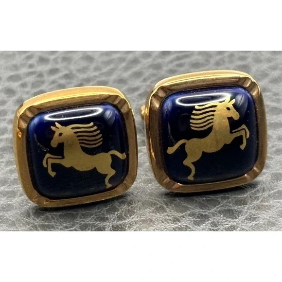 Vintage Made In Japan Gold Tone Cufflinks Navy Blue Enamel Equestrian Horse