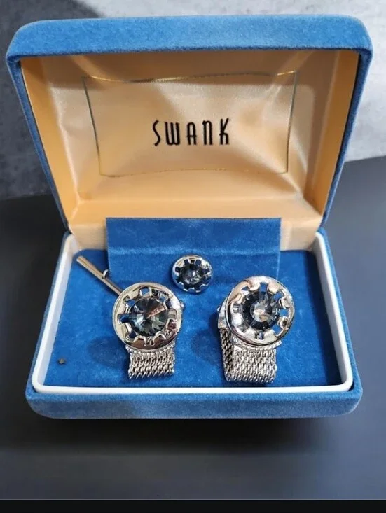 SWANK Silver Mesh‎ Blue Faceted Rivoli Glass Crysyal Cufflinks and Tie Tack Box