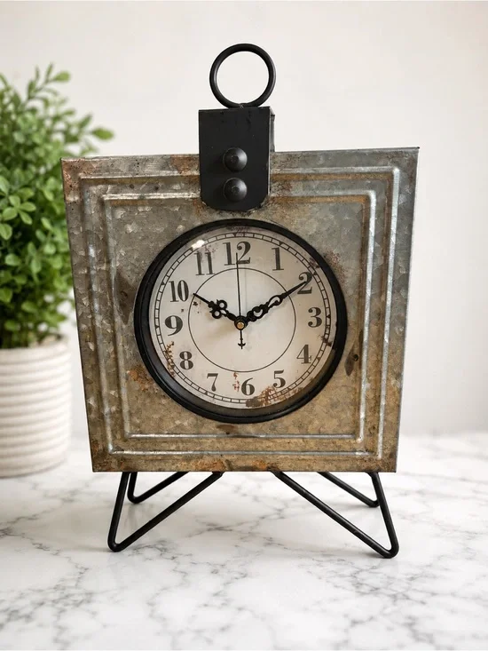 Rustic Industrial Galvanized Metal Tabletop Clock Farmhouse Decor