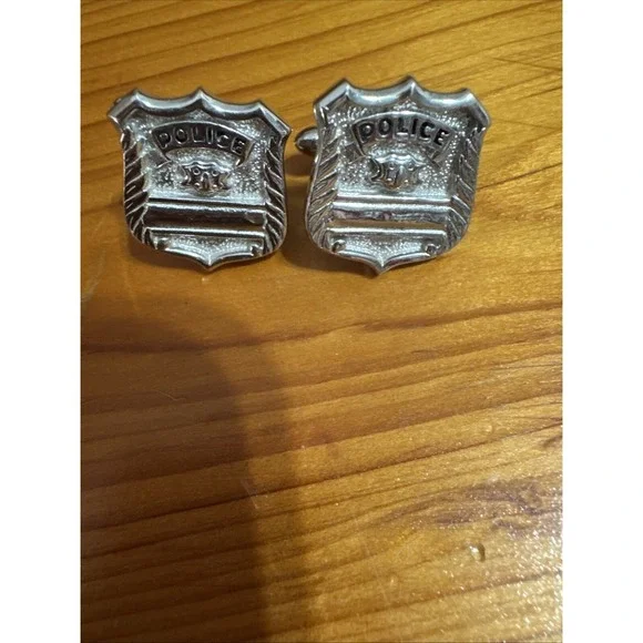 Vintage Swank Police Badge Cuffs Links Silver Tone