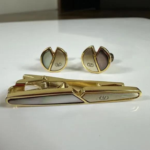 Valentino Garavani Cufflinks Tie Bar Set Mens Gold Mother Of Pearl Shell Logo