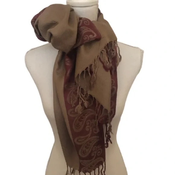 Cashmere Pashmina Wrap Scarf with paisley print border. Brown NWOT