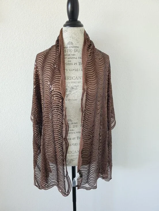 NWT Joan Rivers Sequin Sheer Mesh Wrap Shawl Scarf – Bronze Brown Wave Pattern