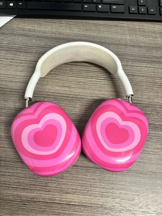 Apple White Over-Ear Headphones with Pink Heart Pattern