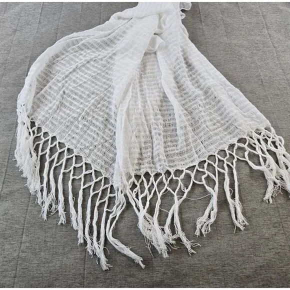 White Open Weave Rectangular Scarf Fringe Ends 21.5