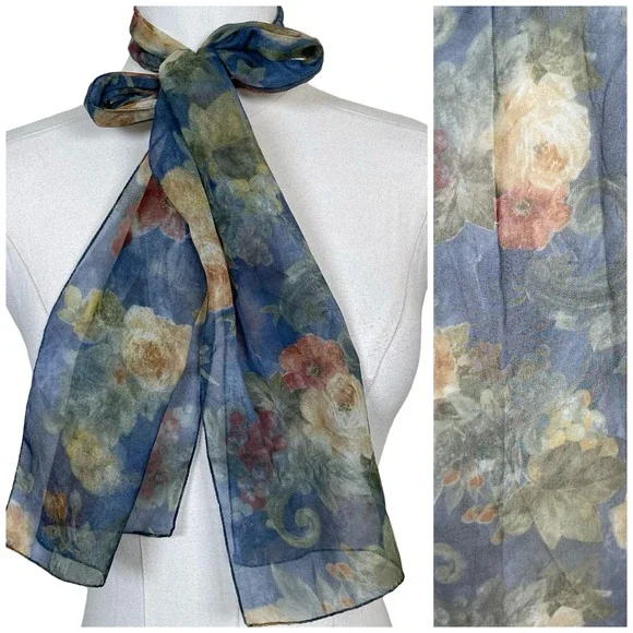 Vintage Floral Sheer Chiffon Scarf Blue‎ Multi Botanical Rose  Whimsigoth Y2K