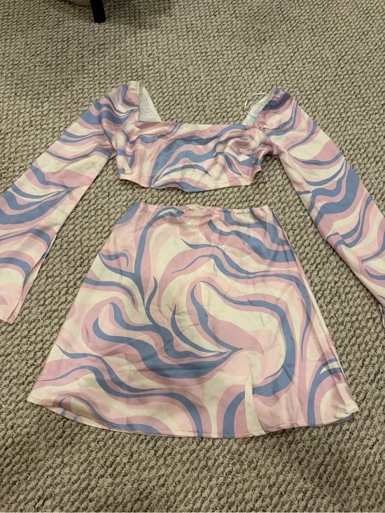 Princess Polly Pastel Swirl Mini Skirt and Top Set in Pink, Blue, Cream Size 10