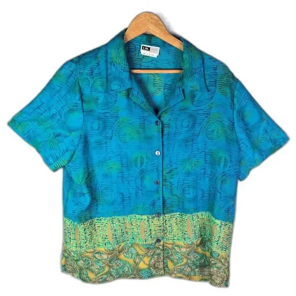 IN Studio Blouse Teal XL Vintage 90s Border Print Boho Side Slits