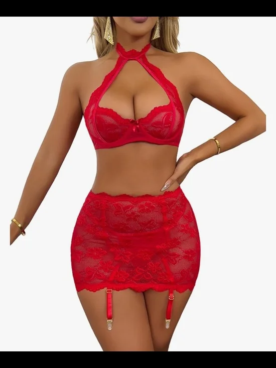 Red Lace Halter Bra & Garter Skirt Set - Women Intimates