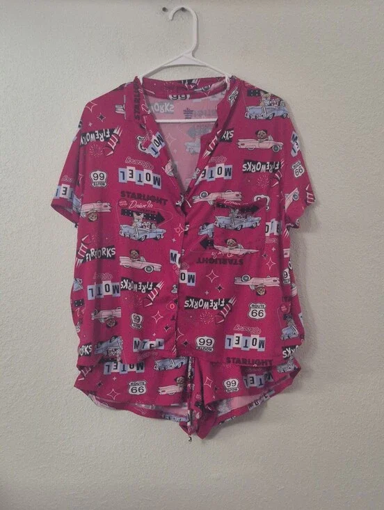 Retro Motel Print Short-Sleeve Pajama Set in Red