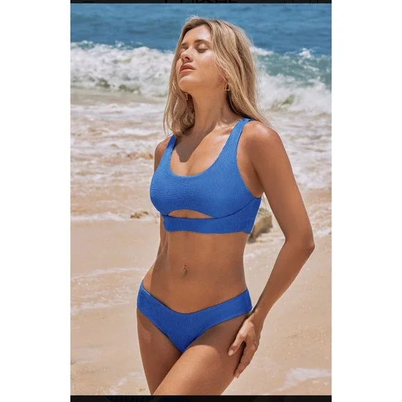 CUPSHE Cobalt Blue Ribbed Bikini Set Medium NWT Bralette Cutout 2 Piece Swimsuit