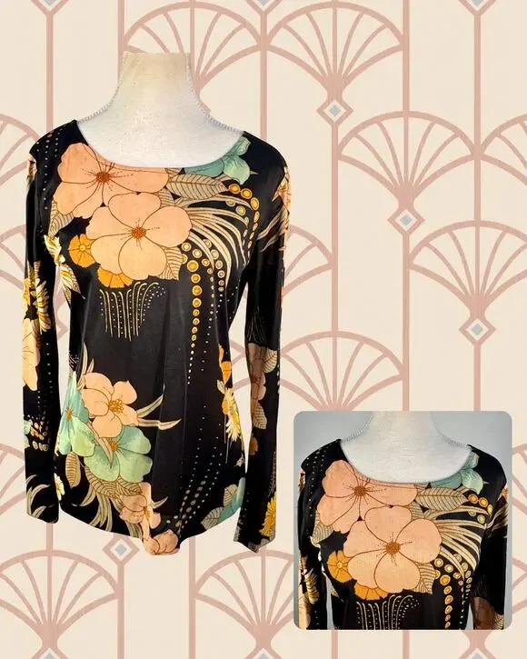 Vintage 70s Gina Di Roma Art Deco Floral Long Sleeve Scarf and Shirt Set  Size M