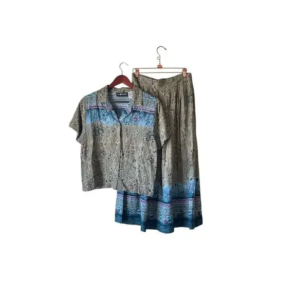 Vintage 80s floral set button‎ front top and midi skirt medium