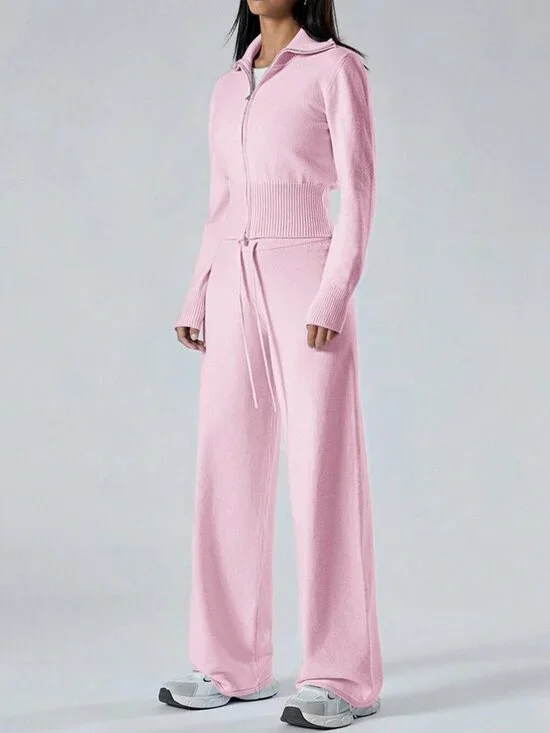 Women's Long Sleeve Zip-Front Cardigan And Knitted Long Pants Casual coord set