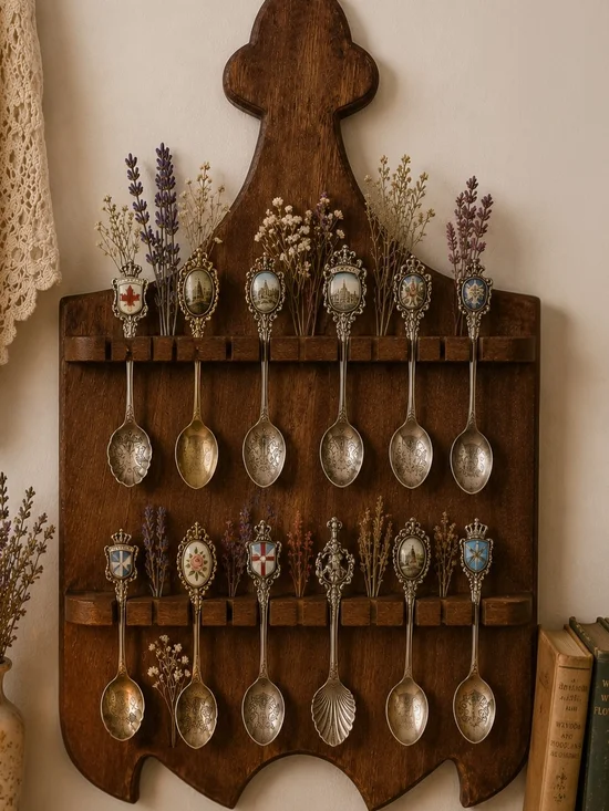 Vintage Wood Souvenir Spoon Display Rack Wall Hanging 12 Slot Farmhouse Decor