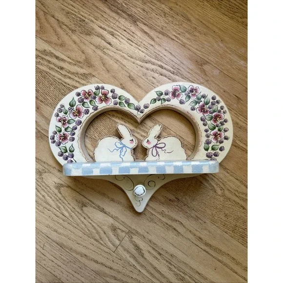 Vintage Folk Art Bunny Wall Shelf Wooden Country Cottage Display Handpaint Heart