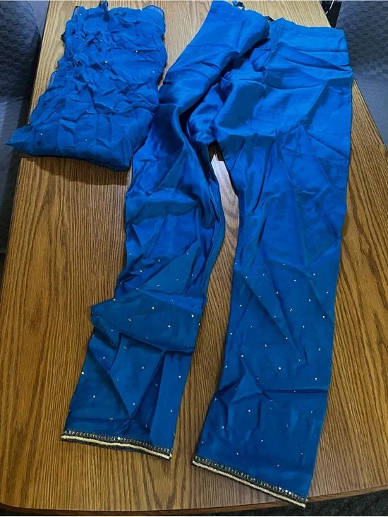 Embellished Sapphire Blue Salwar Pants with Dupatta