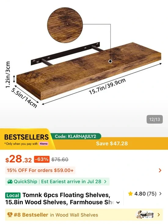 Rustic Floating Wood Shelf - Distressed Brown