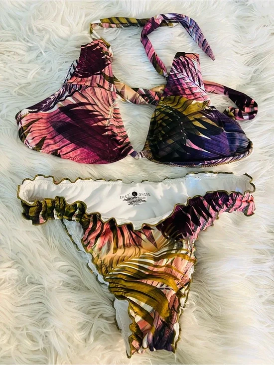 Shade & Shore Pink Purple Olive Green Printed Ruffle Bikini