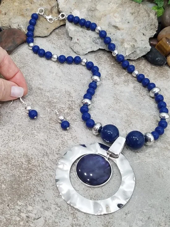 Cobalt Blue Ceramic Bead & Hammered Silver Tone Pendant Necklace & Earring Set