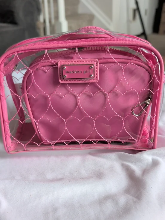 Madden Girl Hot Pink Quilted Heart Clear Cosmetic Pouch Set