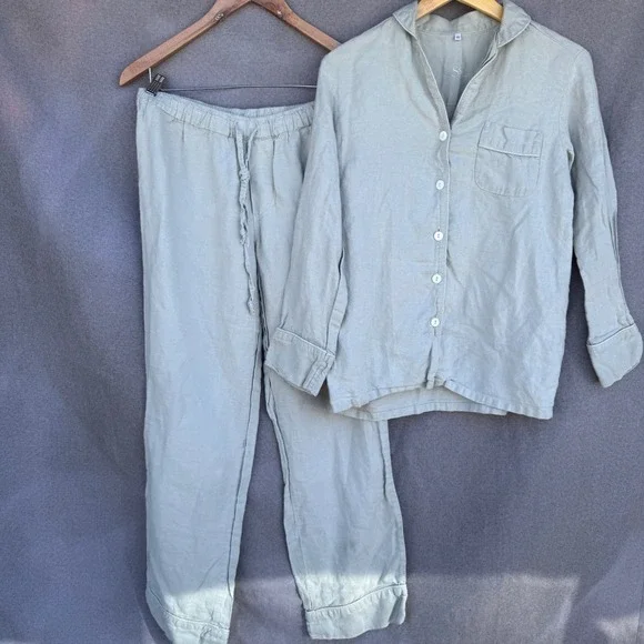 Serena &Lily Pajama Set XS Green 100% European Linen Portugal Coastal Loungewear