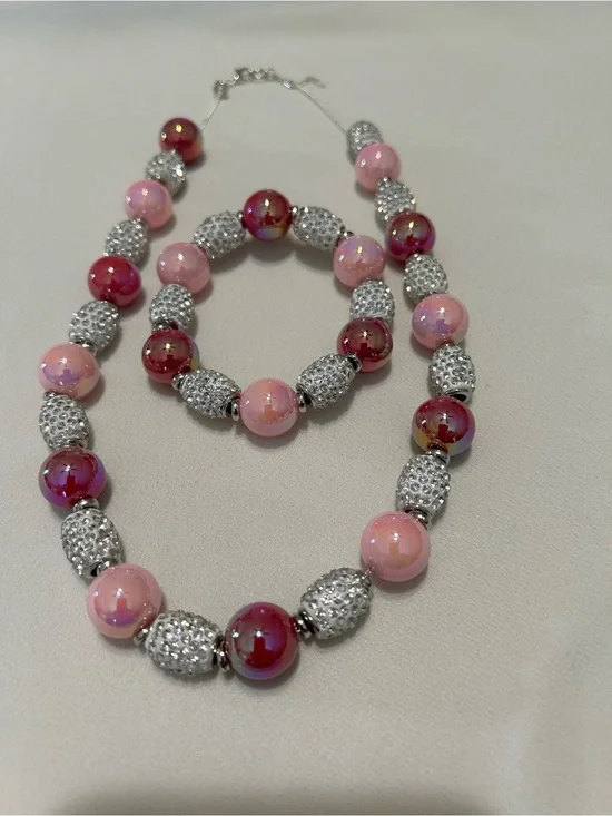 Pink & Silver Beaded Necklace and Bracelet Set — Stylish Women's Jewelry
