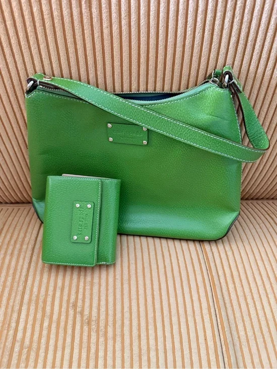 Green Leather Shoulder Bag with Matching Wallet