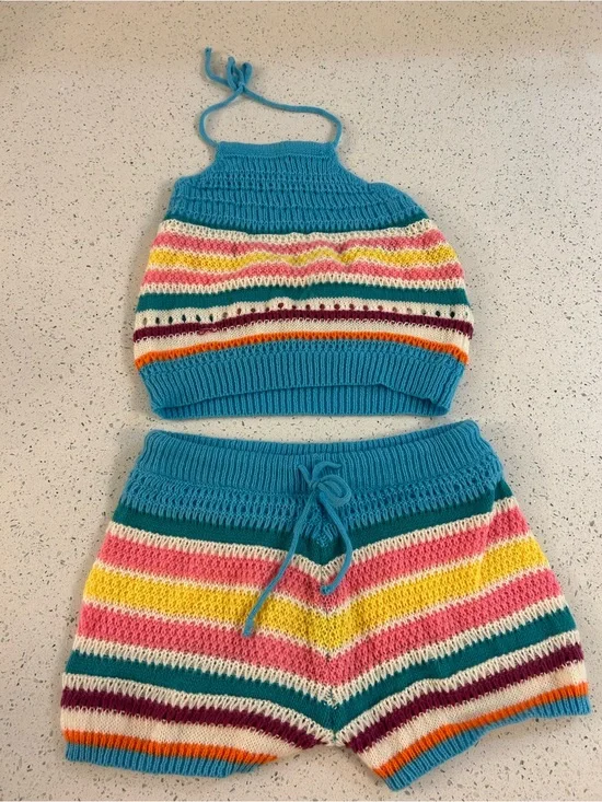Crochet Stripe Halter Top & Shorts Set - Aqua with Multi Color Stripes