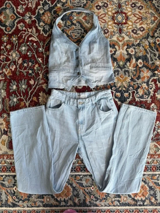 Bershka + YMI Light Wash Denim Vest & Jeans Set