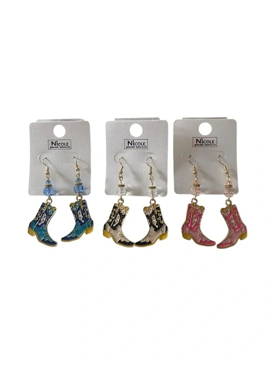NWT-FOR THE COWGIRLS!! 3 pairs Western Boot Dangle Earrings in Blue, Black, Pink