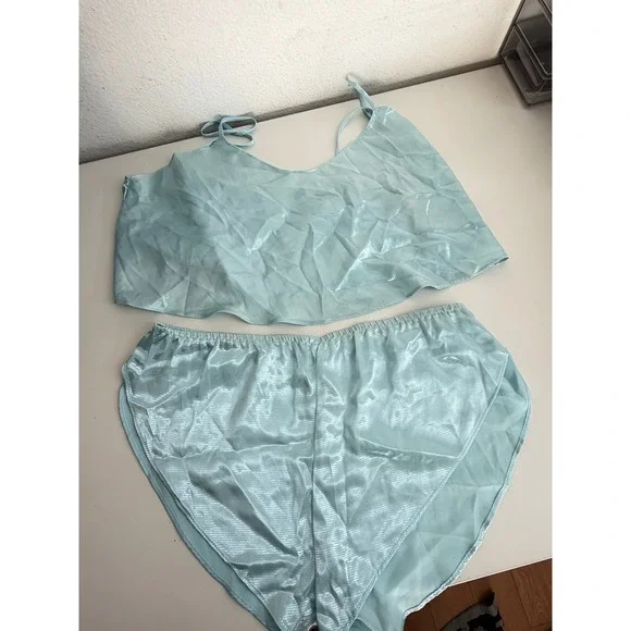 Vintage National Corset Lingerie Set Blue Satin Camisole Tap Shorts USA Made M