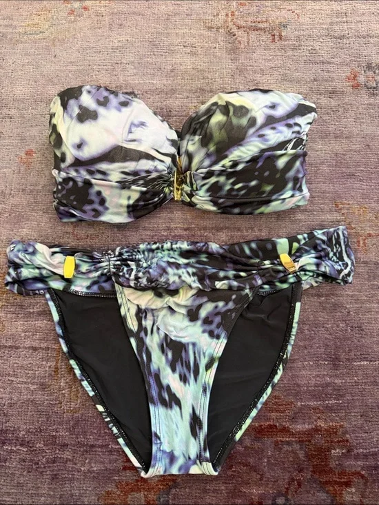 Vix - Abstract Watercolor Bandeau Bikini Set in Blue & Black