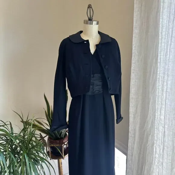 Women’s Small Dress Set Navy Blue Wool Vintage 2-Piece Set, 60s Mod