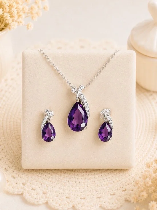 Silver Tone Purple Amethyst  Teardrop Stones with Clear Stone Accents Set