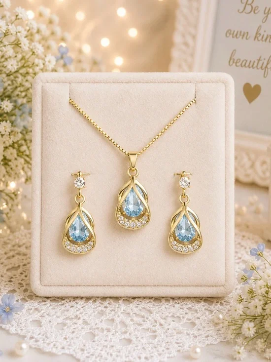 Gold-Tone Blue Teardrop Pendant Necklace & Earrings Set-NWOT