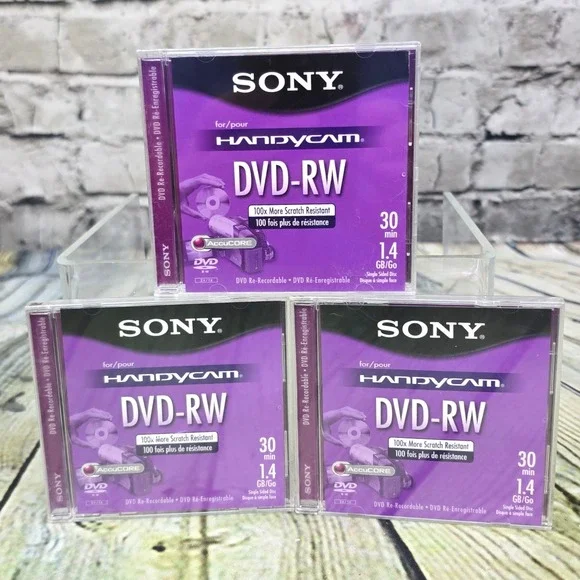 Sony Handycam DVD-RW 30min 1.4GB 8cm Blank Discs 3-Pack DMW30L2 Purple AccuCORE