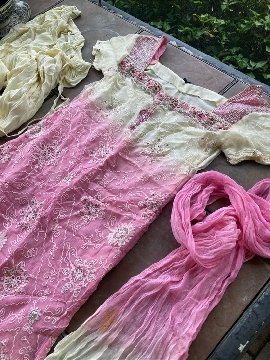 Pink & Cream Embroidered Salwar Kameez Set with Dupatta