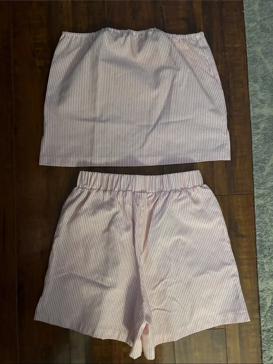 Striped Pink Tube Top and Elastic Waist Shorts Set