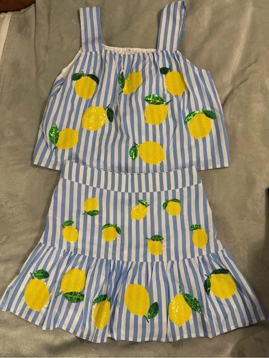Ellory & Kate Blue & White Striped Two-Piece Set with Yellow Sequin Lemons