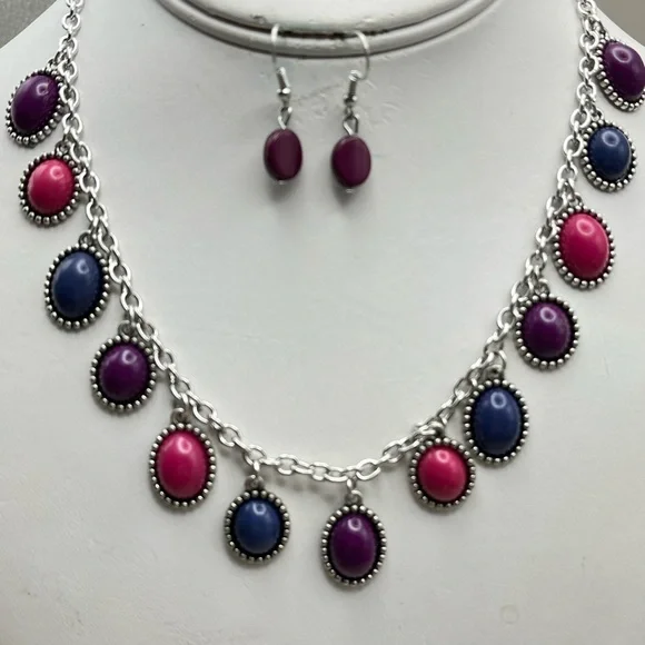 Elegant Silver Necklace and Earring Set with Purple and Pink Accents